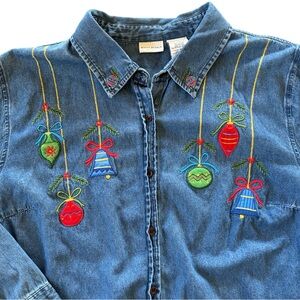 Vintage White Stag Christmas Ornaments Embroidered Chambray Shirt Size‎ 22W 24W